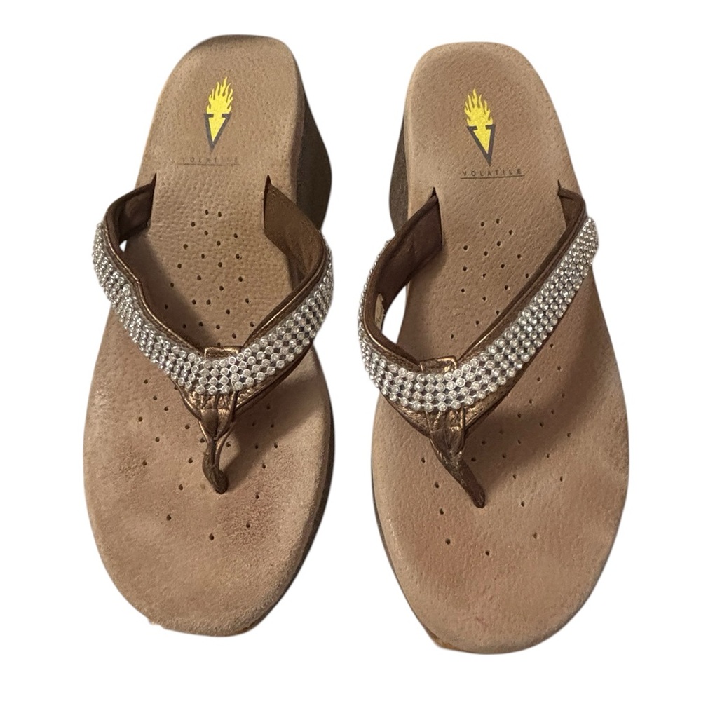 Embellished Brown Wedge Flip-Flop Sandals - Women's